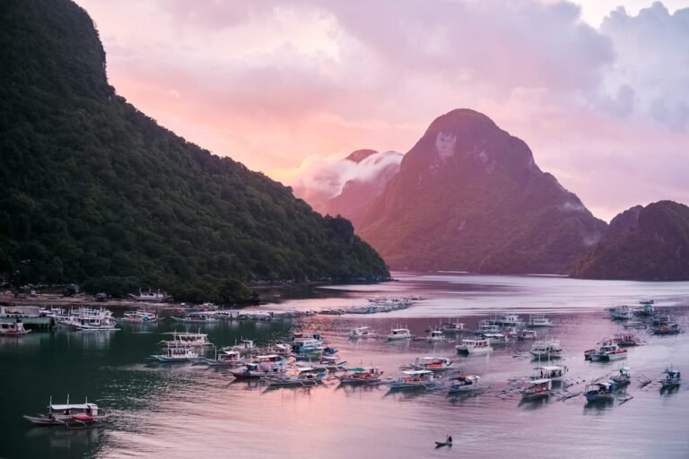 Bangka boats moored in Palawan, the main transport between places to stay in Palawan